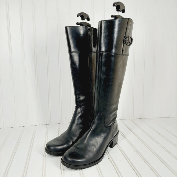 Anne Klein Evon Black Leather Slip On Block Heel Tall Winter Boots A890 - Picture 2 of 14